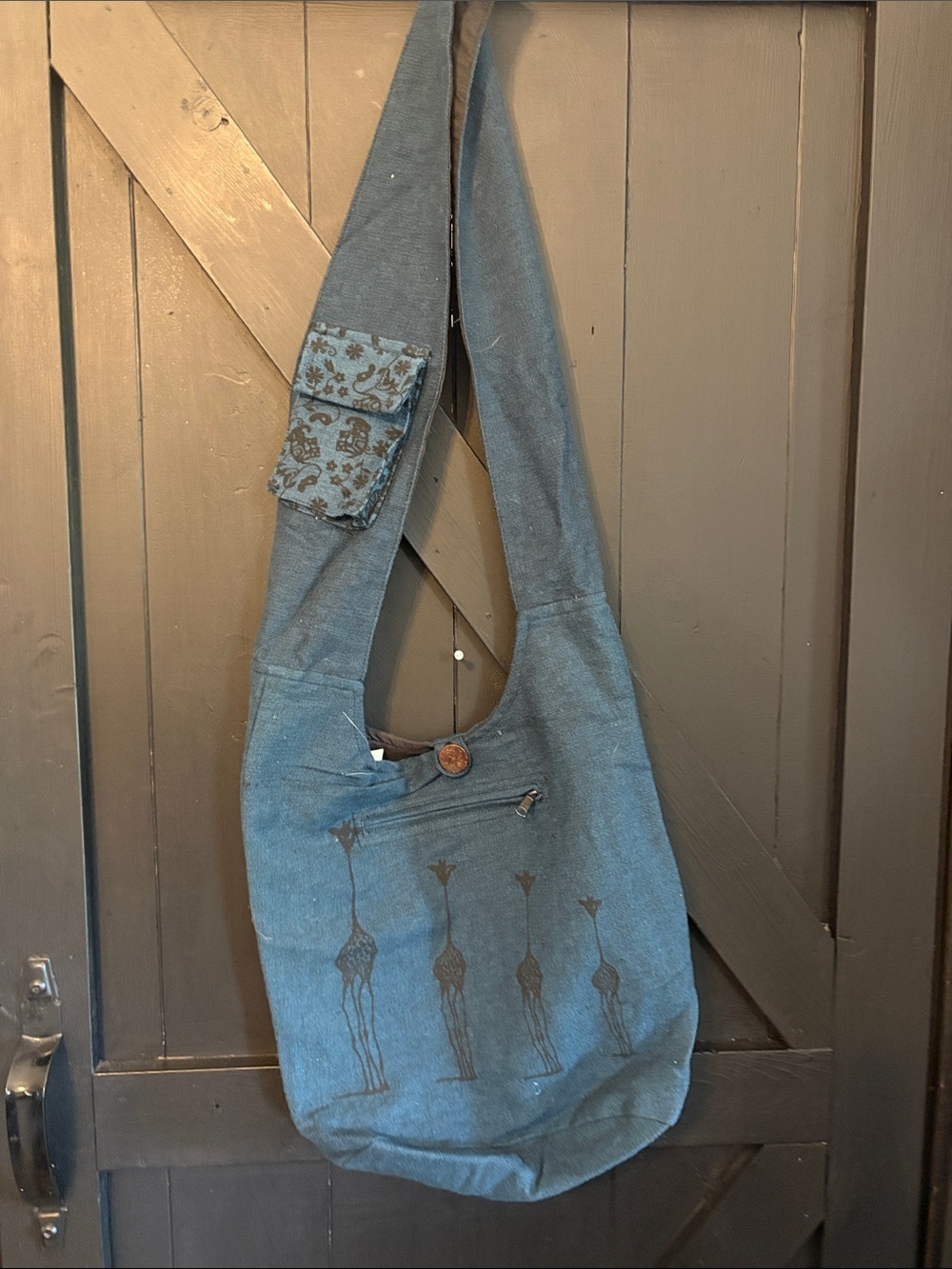 Blue Canvas Shoulder Sling Bag with Giraffe Print